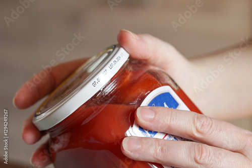 Glass jar of pickled tomatoes with white lid with expiration date. Woman Reads labels and looks at the expiration date
