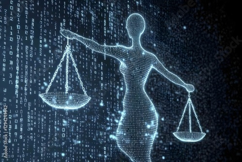 Digital Justice: The iconic symbol of justice, illuminated against a backdrop of cascading binary code, embodies the evolving concept of fairness and legal principles in the digital age.