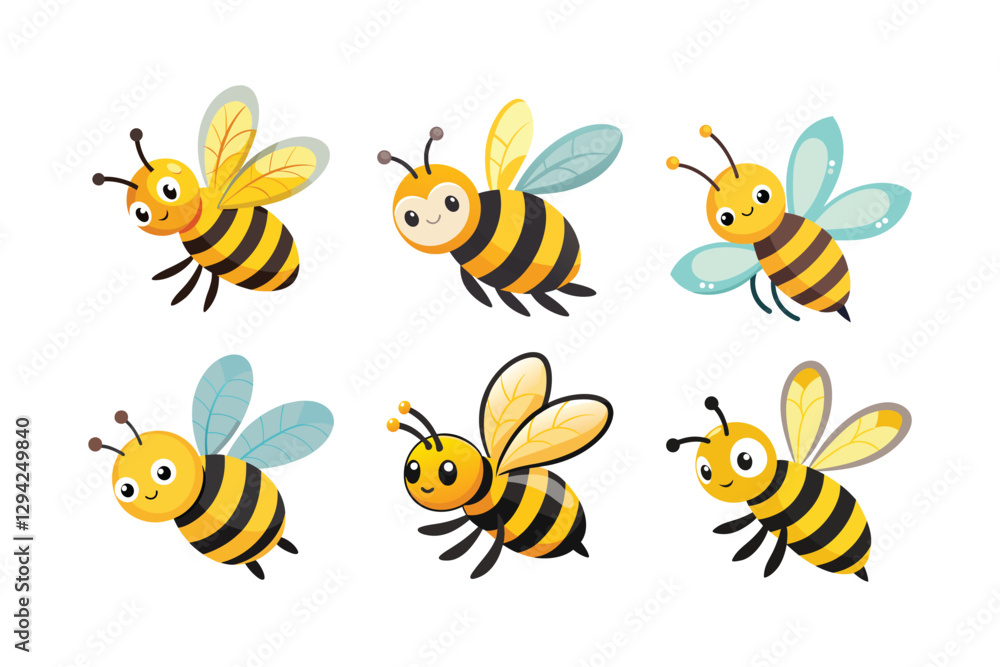Six Cheerful Cartoon Bees – Vibrant 2D Vector Illustrations for Playful Designs Six Cheerful Cartoon Bees – Vibrant 2D Vector Illustrations for Playful Designs