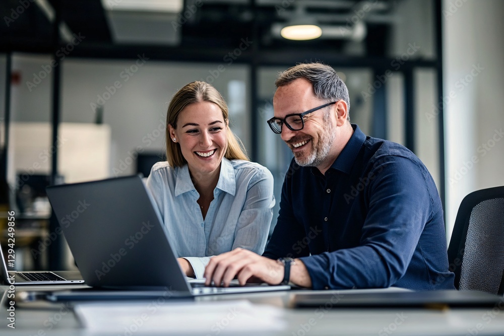 Collaboration in Progress: A dynamic duo of business professionals are immersed in a laptop screen, sparking lively conversation. Reflecting innovation and engagement.
