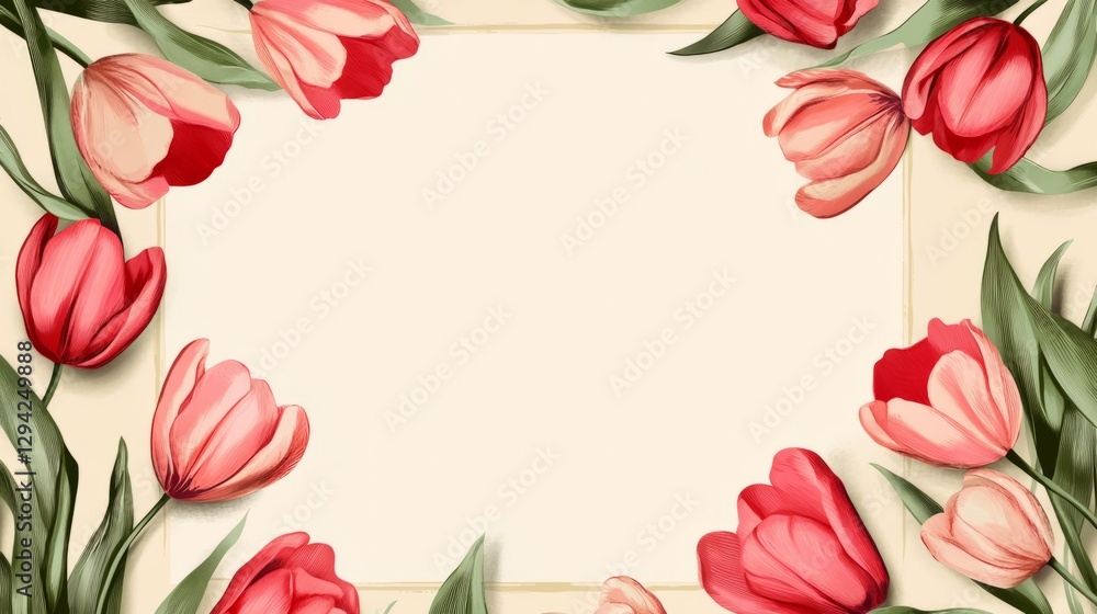 Frame of colorful tulips is lying on a neutral background, creating a vibrant and romantic spring scene, copy space for text Frame of colorful tulips is lying on a neutral background, creating a vibrant and romantic spring scene, copy space for text