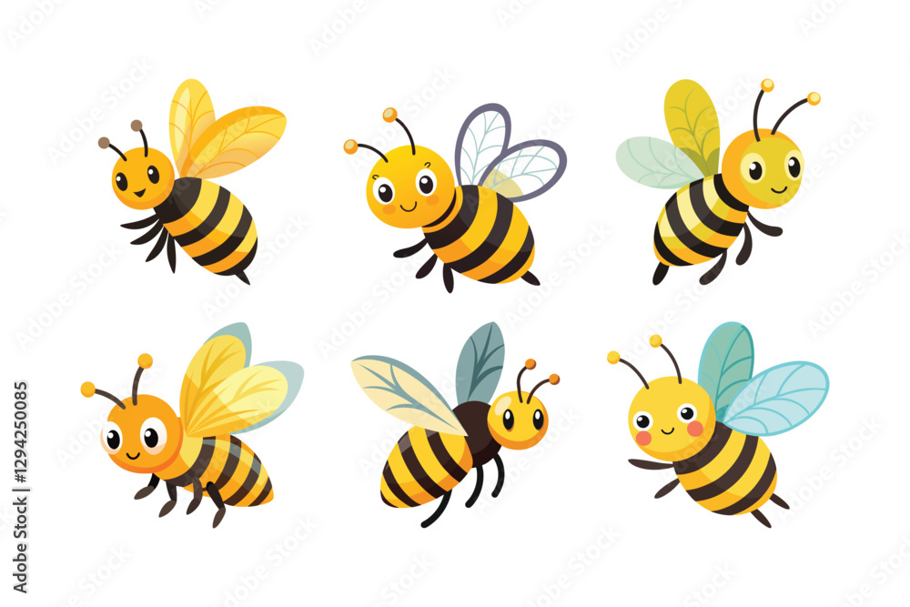 Six Cheerful Cartoon Bees – Vibrant 2D Vector Illustrations for Playful Designs Six Cheerful Cartoon Bees – Vibrant 2D Vector Illustrations for Playful Designs