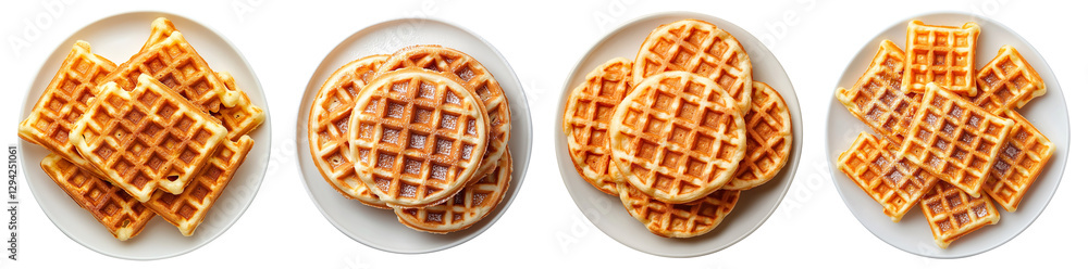 Collection of belgian waffles on plates isolated on transparent background Collection of belgian waffles on plates isolated on transparent background