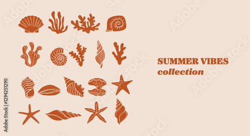 Boho hand drawn sea, ocean, sun, seashell and palm design illustrations, icons, pattern, minimalist abstract design