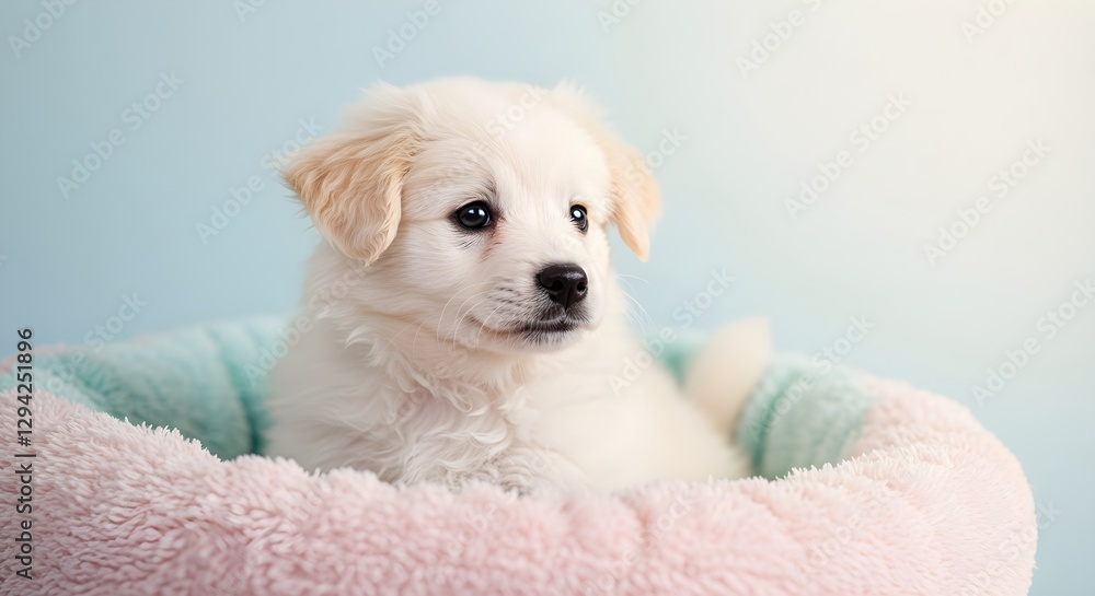 Adorable white puppy in cozy pink bed against blue background. Cute pet portrait. Fluffy young dog resting. Animal care and companionship concept. Copy space.