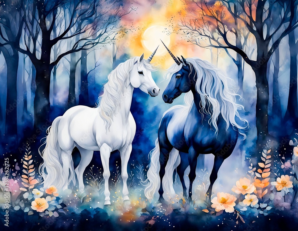 Naklejka premium Boho Watercolor Two Unicorns Standing Together Under Starry Sky