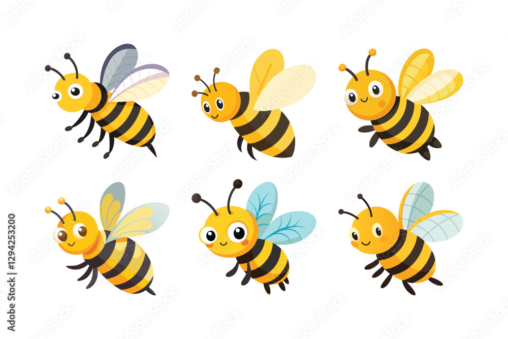 Six Cheerful Cartoon Bees – Vibrant 2D Vector Illustrations for Playful Designs Six Cheerful Cartoon Bees – Vibrant 2D Vector Illustrations for Playful Designs