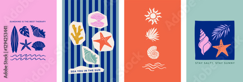 Summer backgrounds, vertical cards, banner templates with sea life illustrations. Hand drawn modern printable posters