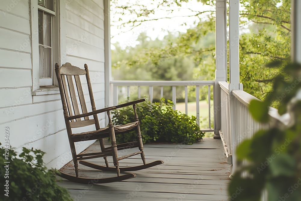 A rocking chair sits on a porch of an old white house A rocking chair sits on a porch of an old white house