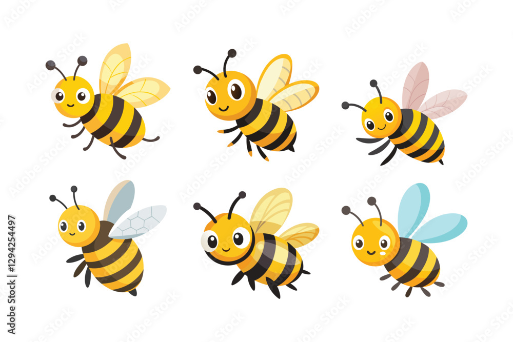 Six Cheerful Cartoon Bees – Vibrant 2D Vector Illustrations for Playful Designs Six Cheerful Cartoon Bees – Vibrant 2D Vector Illustrations for Playful Designs