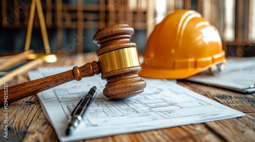 Labor law, construction, and home insurance: judge gavel, blueprint plans, safety helmet, model, paper, pen, wooden desk