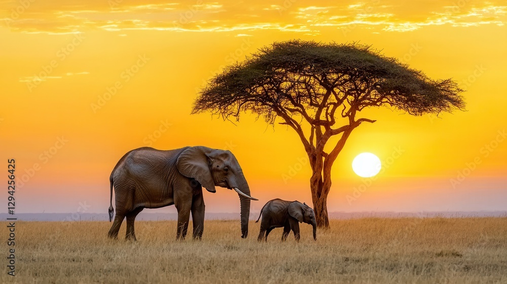 Fototapeta premium Majestic Elephants at Sunset Under Acacia Tree in Serengeti National Park