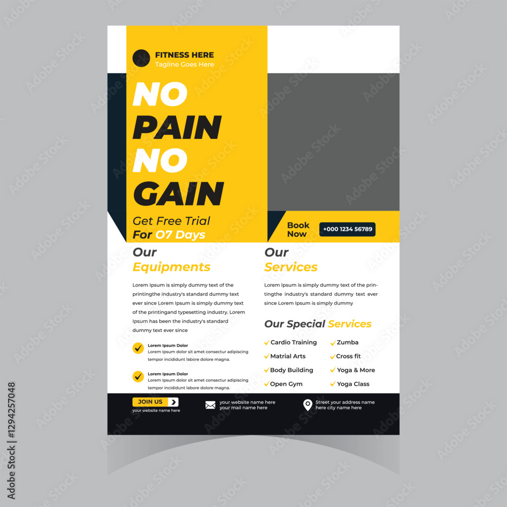 Obraz premium Gym and fitness workout flyer bodybuilding sport athletic flyer template design poster brochure banner elegant 