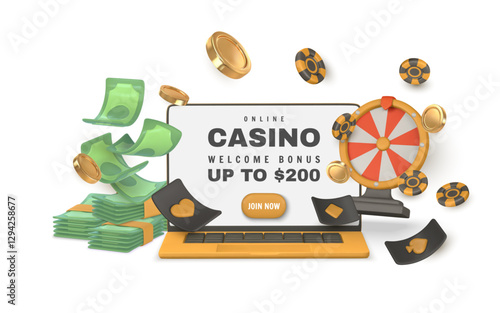 Realistic 3d casino game concept. Wheel of fortune, laptop, green stack of money, dice, golden coin. Vector illustration