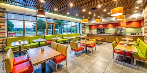 Panoramic Interior View of a Fast Food Restaurant with Bright Lighting and Clean Design