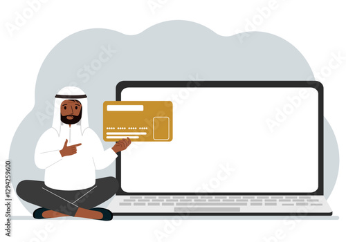 A man sits cross-legged and holds a large plastic card. Next to the man is a large laptop with space for text. Vector flat illustration