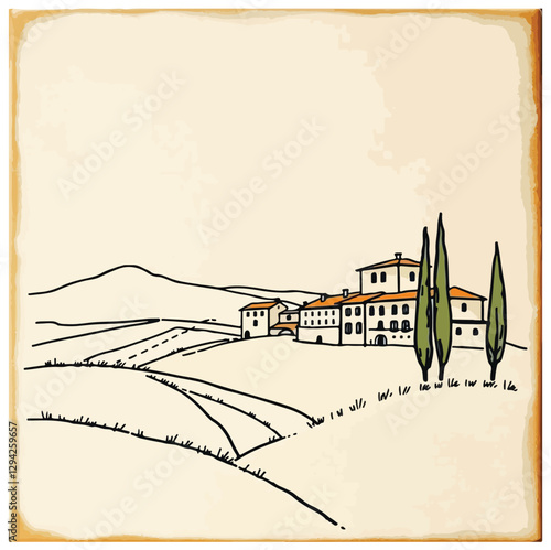 Italian landscape set, vector hand drawn doodle Tuscany nature view, old winery countryside print. Vintage European architecture graphic, cypress hill travel label. Italian landscape sketch collection