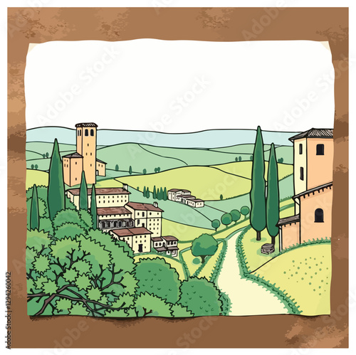 Italian landscape set, vector hand drawn doodle Tuscany nature view, old winery countryside print. Vintage European architecture graphic, cypress hill travel label. Italian landscape sketch collection