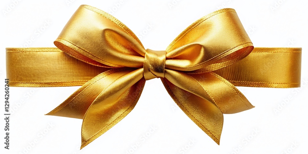 Elegant Gold Ribbon Bow, Isolated on White, Gift Wrapping Decoration, Festive, Luxury Elegant Gold Ribbon Bow, Isolated on White, Gift Wrapping Decoration, Festive, Luxury
