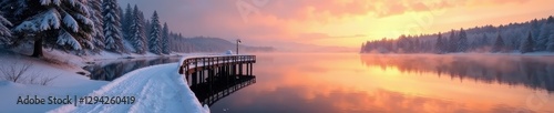 Wallpaper Mural Golden hour illuminates snowy pier & tranquil lake reflecting snow-laden pines , cold weather, postcard Torontodigital.ca