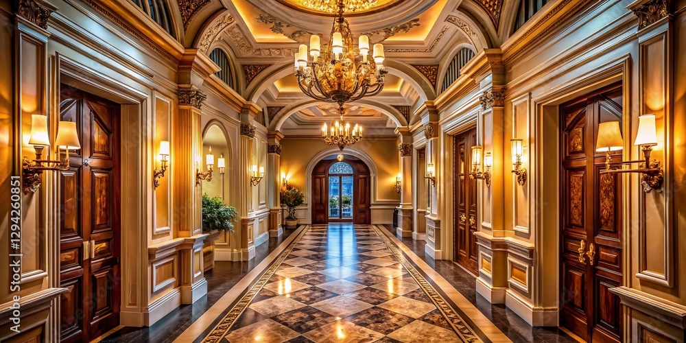 Fototapeta premium Elegant Hallway Interior: Warm Lighting & Classic Architecture - Drone Photography
