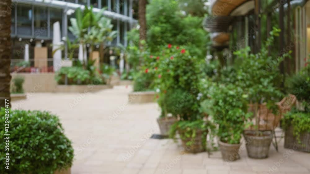 Blurred view of a luxurious outdoor street in monaco with vibrant green plants and modern architecture highlighting a serene urban environment. Blurred view of a luxurious outdoor street in monaco with vibrant green plants and modern architecture highlighting a serene urban environment.