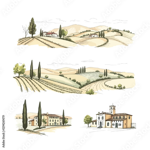 Italian landscape set, vector hand drawn doodle Tuscany nature view, old winery countryside print. Vintage European architecture graphic, cypress hill travel label. Italian landscape sketch collection