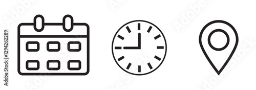 date, time, address location icon set. calendar, clock and map symbol for event, meeting, wedding, schedule, invitation card design element. transparent vector illustration