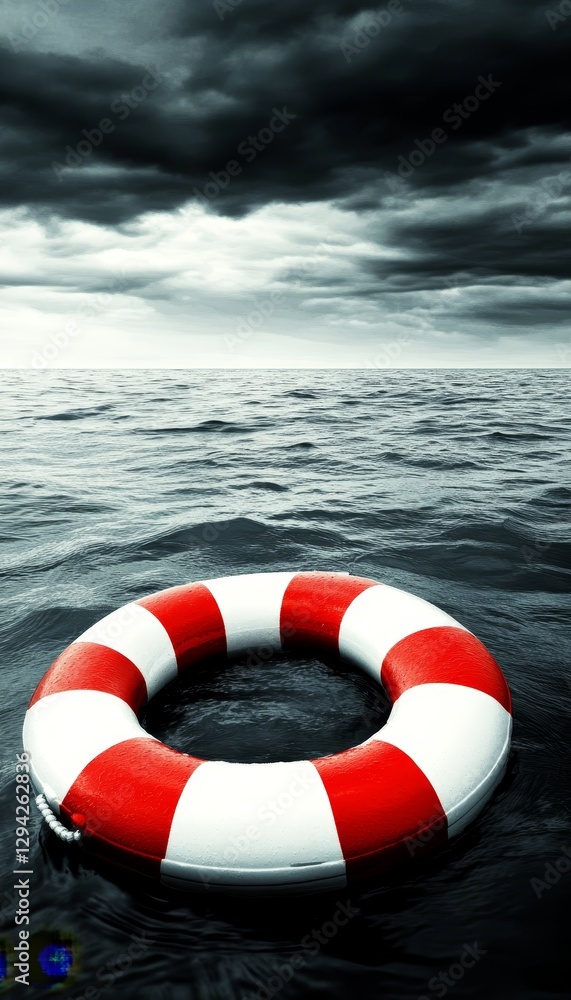 Naklejka premium Red and White Lifebuoy Floating in Ocean Waves, Concept of Rescue at Sea During Stormy Weather