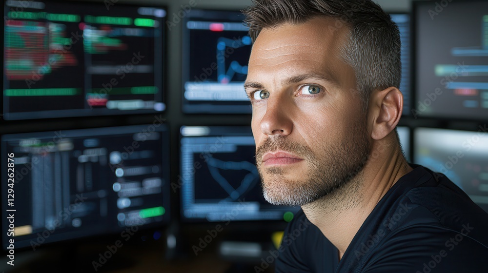 Cybersecurity threat monitoring for digital environment Focused man in front of multiple computer screens displaying data. Cybersecurity threat monitoring for digital environment Focused man in front of multiple computer screens displaying data.