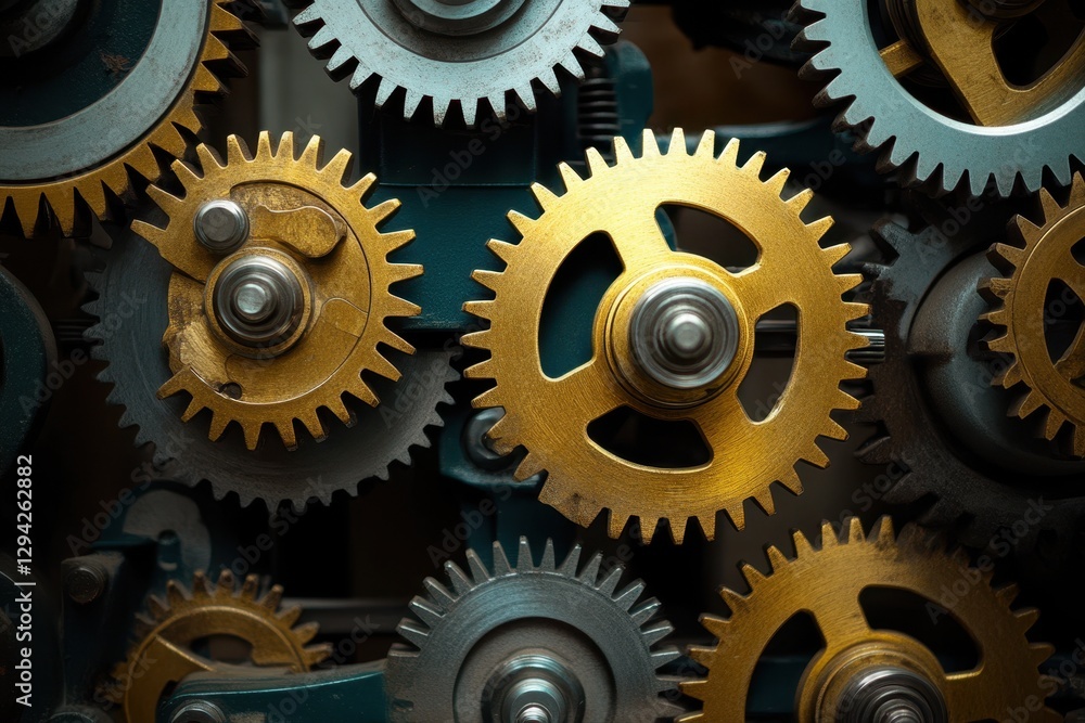 Intricate arrangement of golden and silver gears in a mechanical assembly Intricate arrangement of golden and silver gears in a mechanical assembly