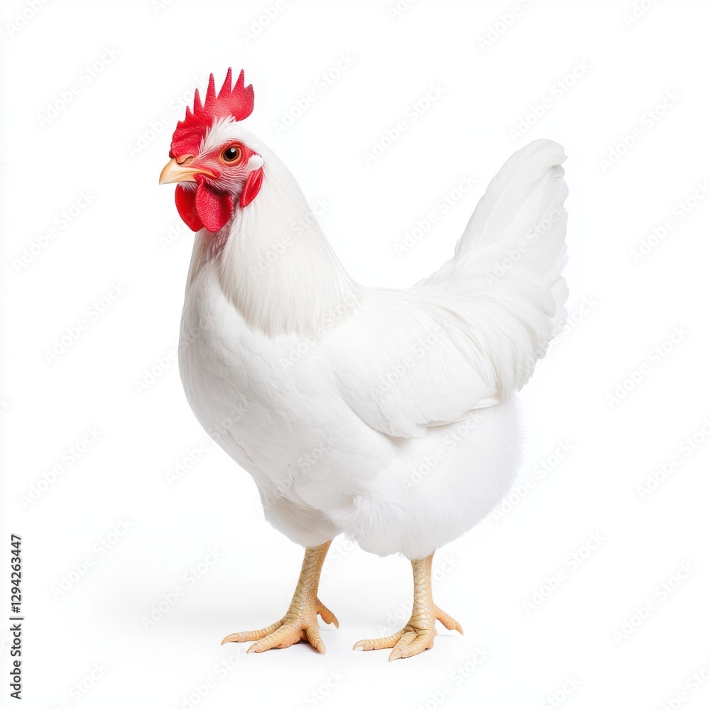 Fototapeta premium White Chicken with Red Comb and Wattle Standing Against Plain Background in Bright Lighting