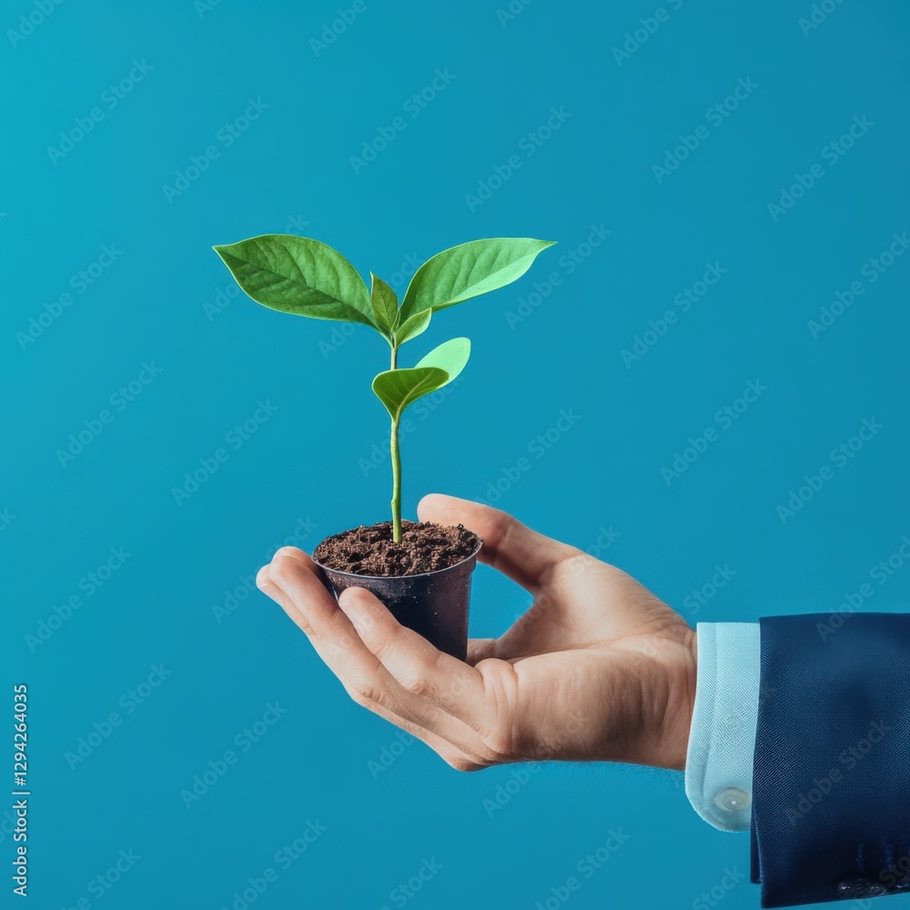 A businessman’s hand holding a small plant with soil, symbolizing growth and sustainability. A businessman’s hand holding a small plant with soil, symbolizing growth and sustainability.