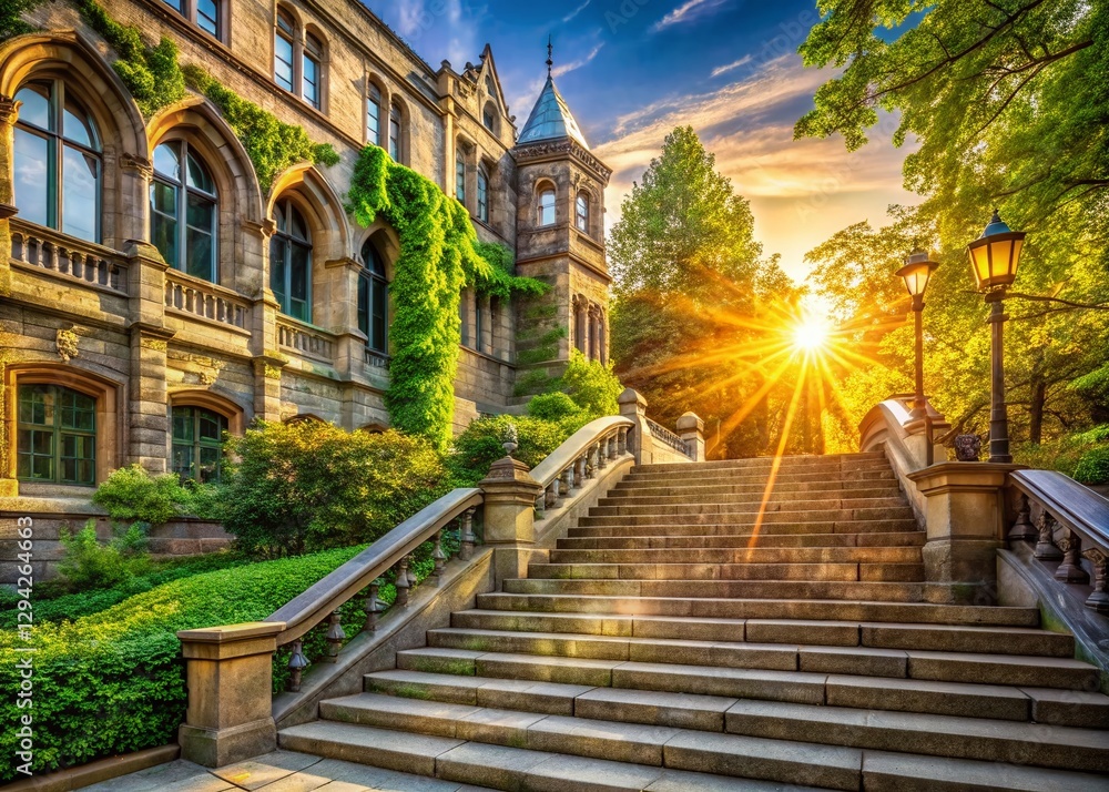 Fototapeta premium Panoramic View: Majestic Stone Staircase to Historic University Entrance, Lush Greenery