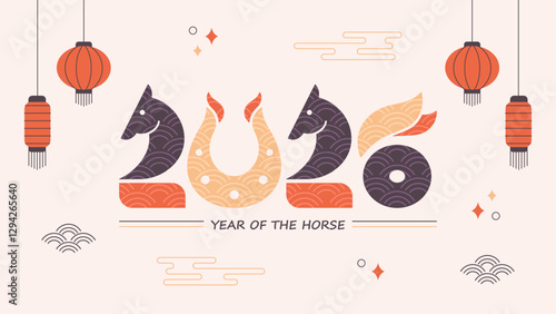 Happy chinese new year 2026 with horse and horseshoe on the number. Greeting card with asian elements. Year of the Horse. Vector illustration in flat style