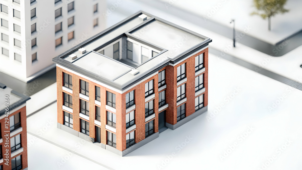 Isometric Illustration of Modern Red Brick Apartment Building with Flat Roof - Urban Architecture & Residential Design Concept for Real Estate Projects with Space for Customization Isometric Illustration of Modern Red Brick Apartment Building with Flat Roof - Urban Architecture & Residential Design Concept for Real Estate Projects with Space for Customization