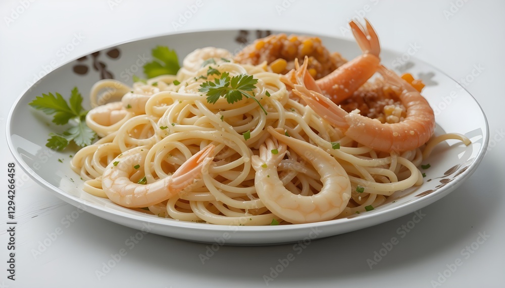 platter with fresh oignons, linguini shrimp, and a white backdrop platter with fresh oignons, linguini shrimp, and a white backdrop