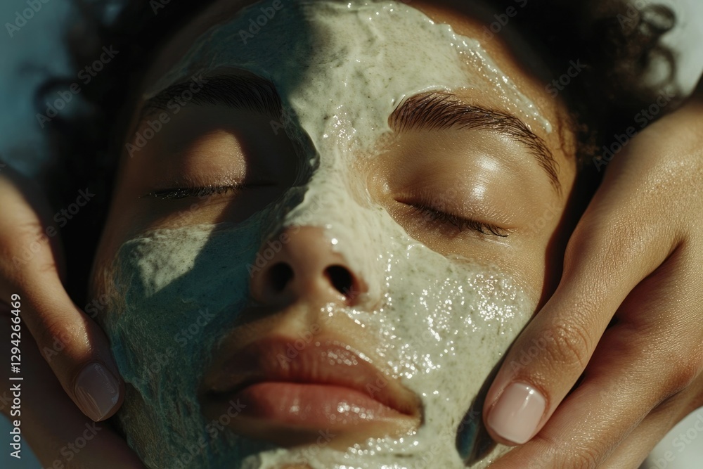 A woman relaxes with a cooling, green facial mask applied by gentle hands. A woman relaxes with a cooling, green facial mask applied by gentle hands.