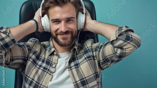 Wallpaper Mural A man wearing headphones and smiling. He is sitting in a chair. Concept of relaxation and enjoyment Torontodigital.ca