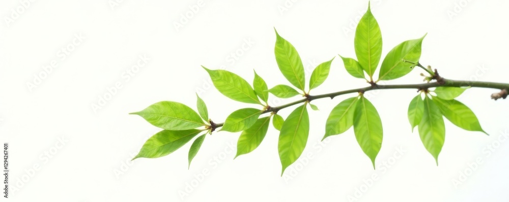 twig with spring green leaves isolated on white background , branch, foliage twig with spring green leaves isolated on white background , branch, foliage