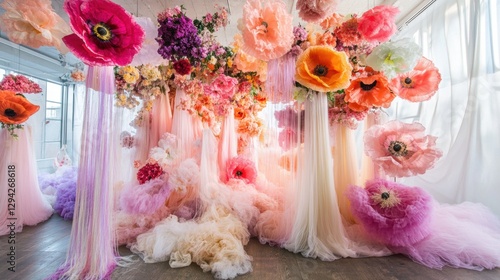 Large installation art featuring vibrant flowers and pastel tulle ribbons creates a playful atmosphere in a modern space