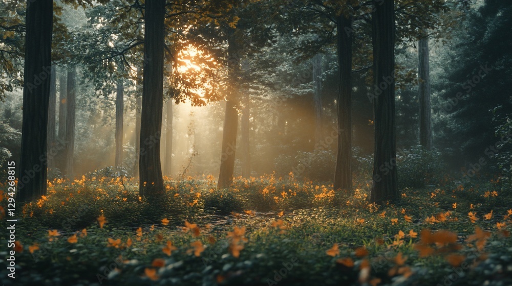 Obraz premium Sunbeams illuminating misty forest with orange flowers.