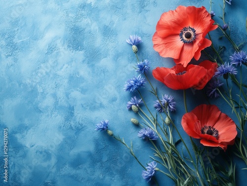 Vivid floral arrangement of red poppy and blue cornflower on textured blue background for spring themes