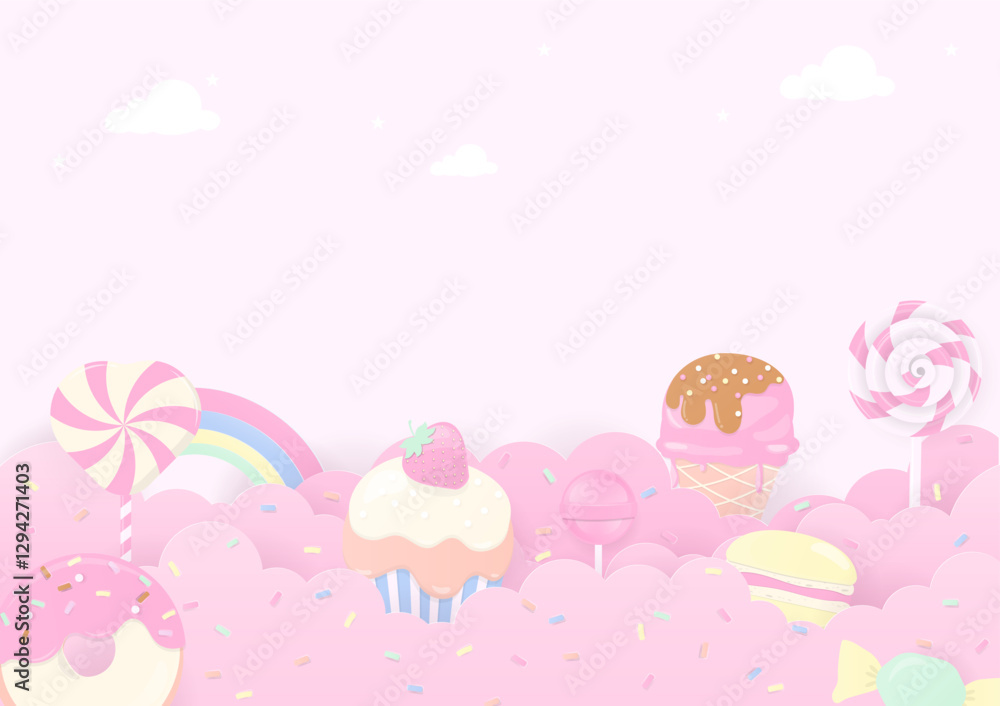 Sweet candy and dessert with cloud background Sweet candy and dessert with cloud background