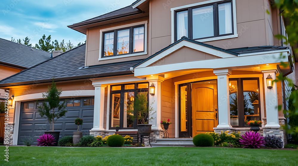 Fototapeta premium Luxury Home Exterior at Night: Modern Architecture, Landscaping, and Elegant Design