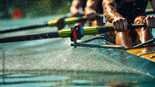 rower's hands rowing oar, rowing, boat, kayak, sport, athlete, river, water, splashes, competition, training