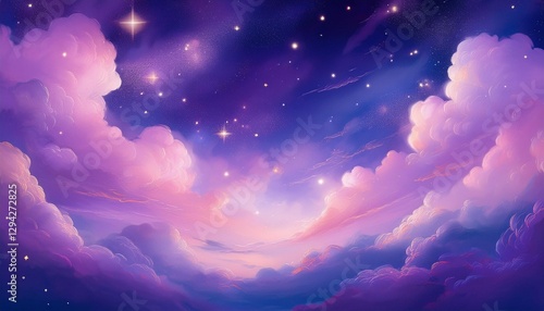 fantasy sky with cotton candy purple clouds and stars for dreamlike backgrounds in creative projects