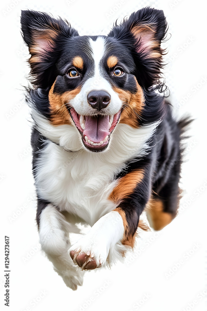 Fototapeta premium Excited Australian Shepherd Dog Running with Joyful Expression and Multicolored Fur on Transparent Background - Ideal for Pet and Animal Themed Projects