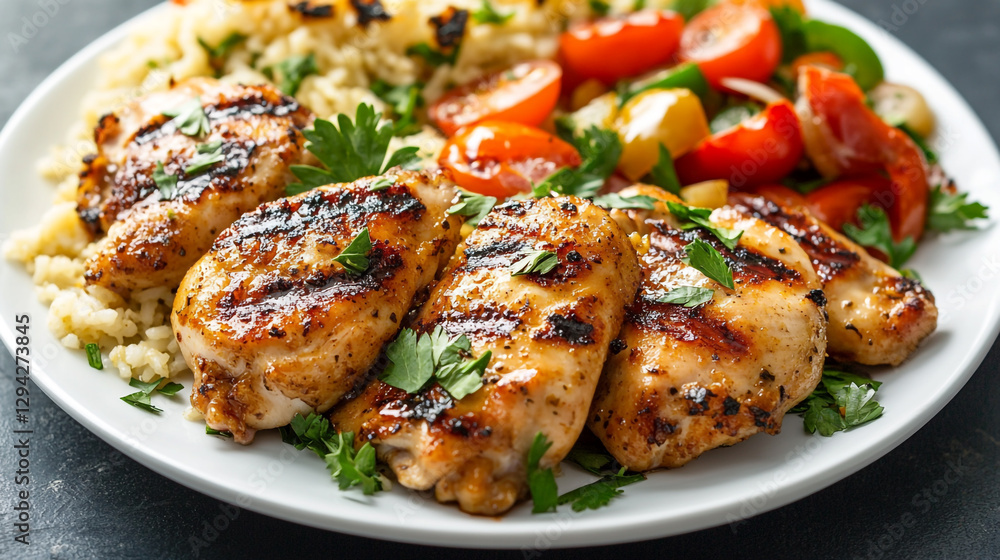 Delicious grilled chicken breast with rice and roasted vegetables food meal diet plate tasty lunch Delicious grilled chicken breast with rice and roasted vegetables food meal diet plate tasty lunch