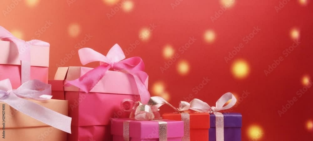 Colorful gift boxes with bows against festive red background with golden bokeh lights Colorful gift boxes with bows against festive red background with golden bokeh lights